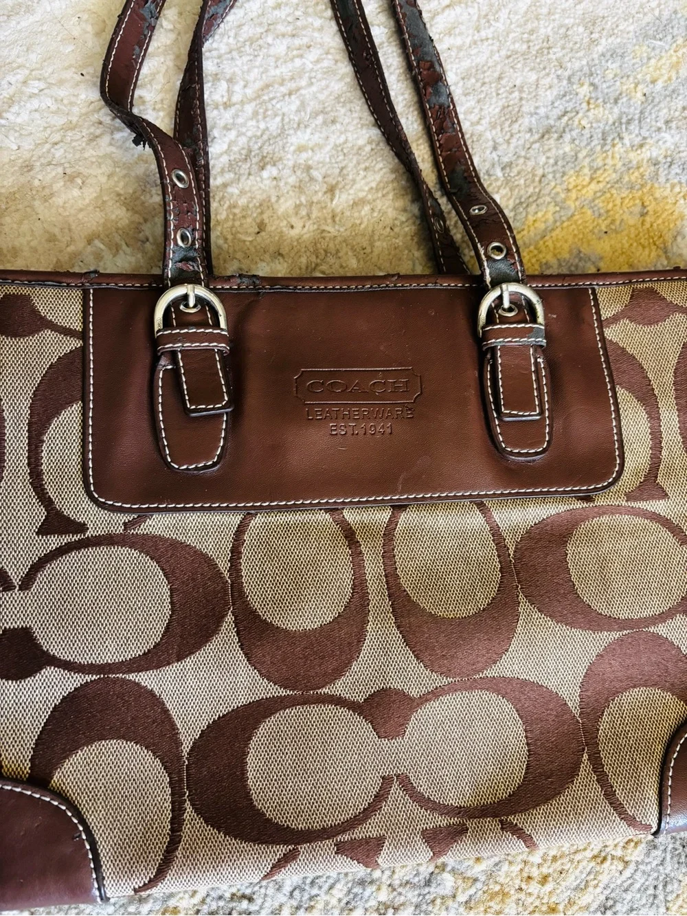 Coach Brown Signature Canvas Tote with Leather Trim